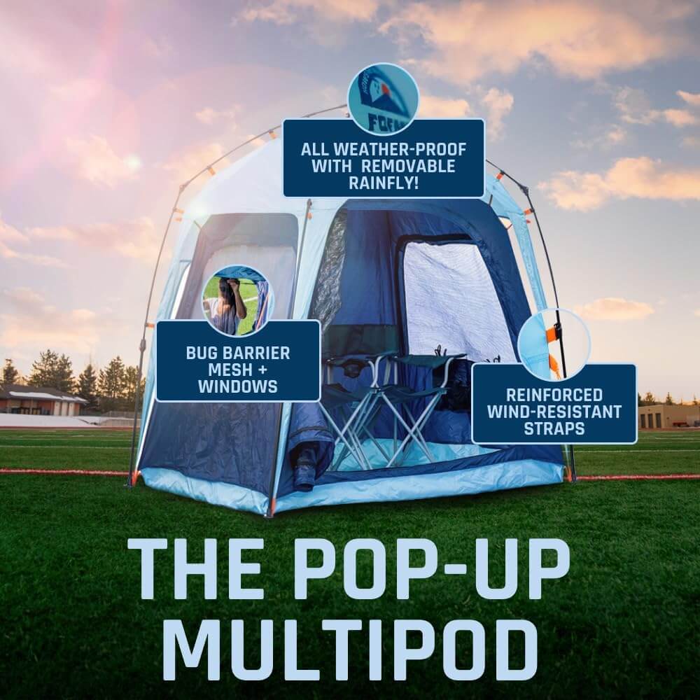 Fofana Multipurpose Pod Tent showcasing weather-proof features, bug barrier mesh, and reinforced wind-resistant straps. | fofana multi pod for family