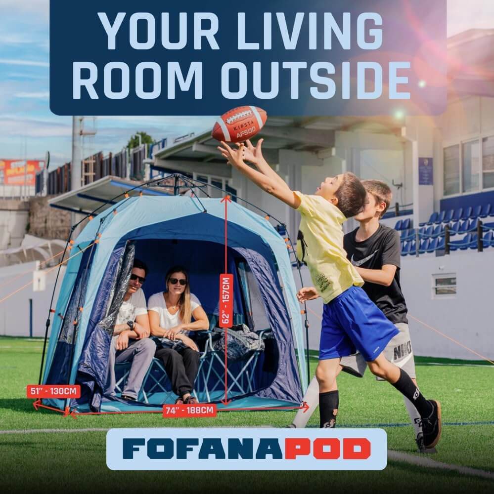 Fofana Multipurpose Pod Tent shown in outdoor setting with family enjoying sports and relaxing.