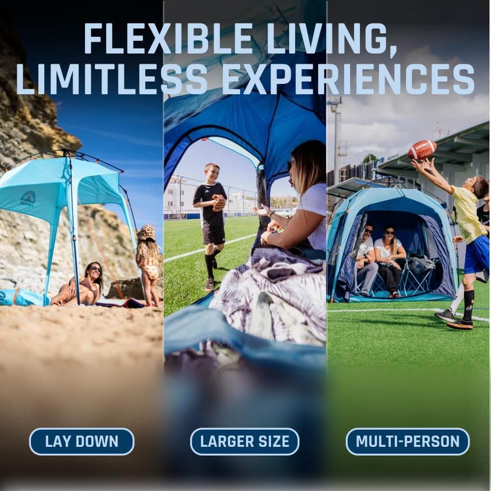 Fofana Multipurpose Pod Tent showcasing flexible living for beach, sports, and family use with features like lay down, larger size, and multi-person.