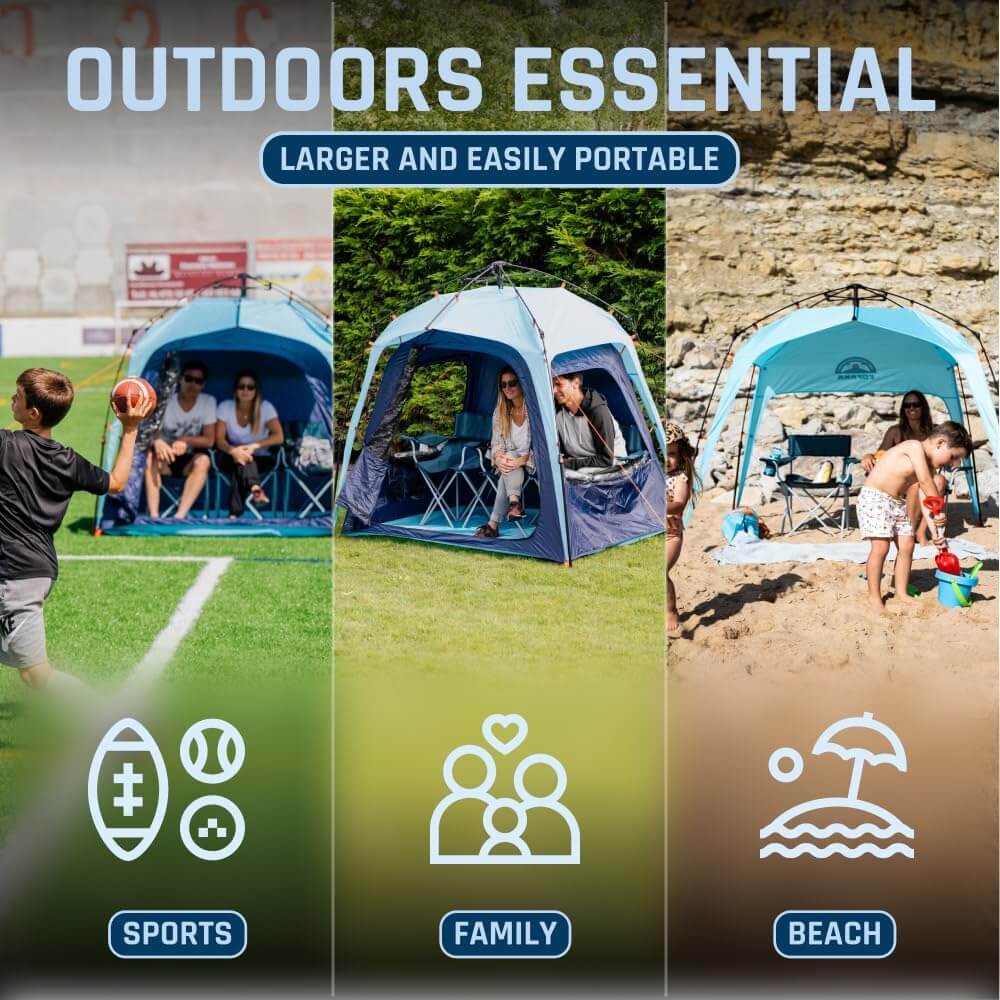 Fofana Multipurpose Pod Tent showcased in sports, family, and beach settings, emphasizing convenience for outdoor activities.