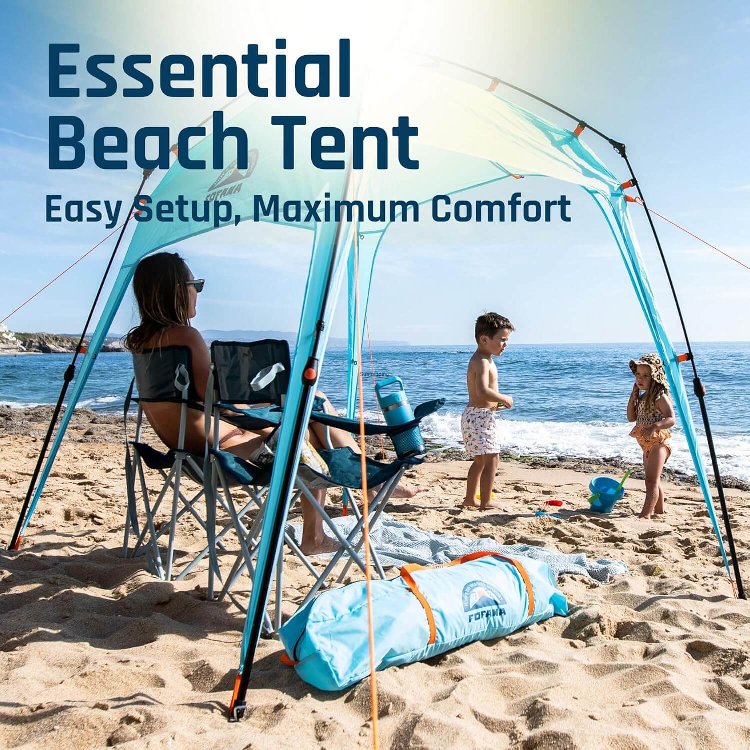 Fofana Multipurpose Pod Tent set up on the beach, showcasing easy setup and comfort for family outings.