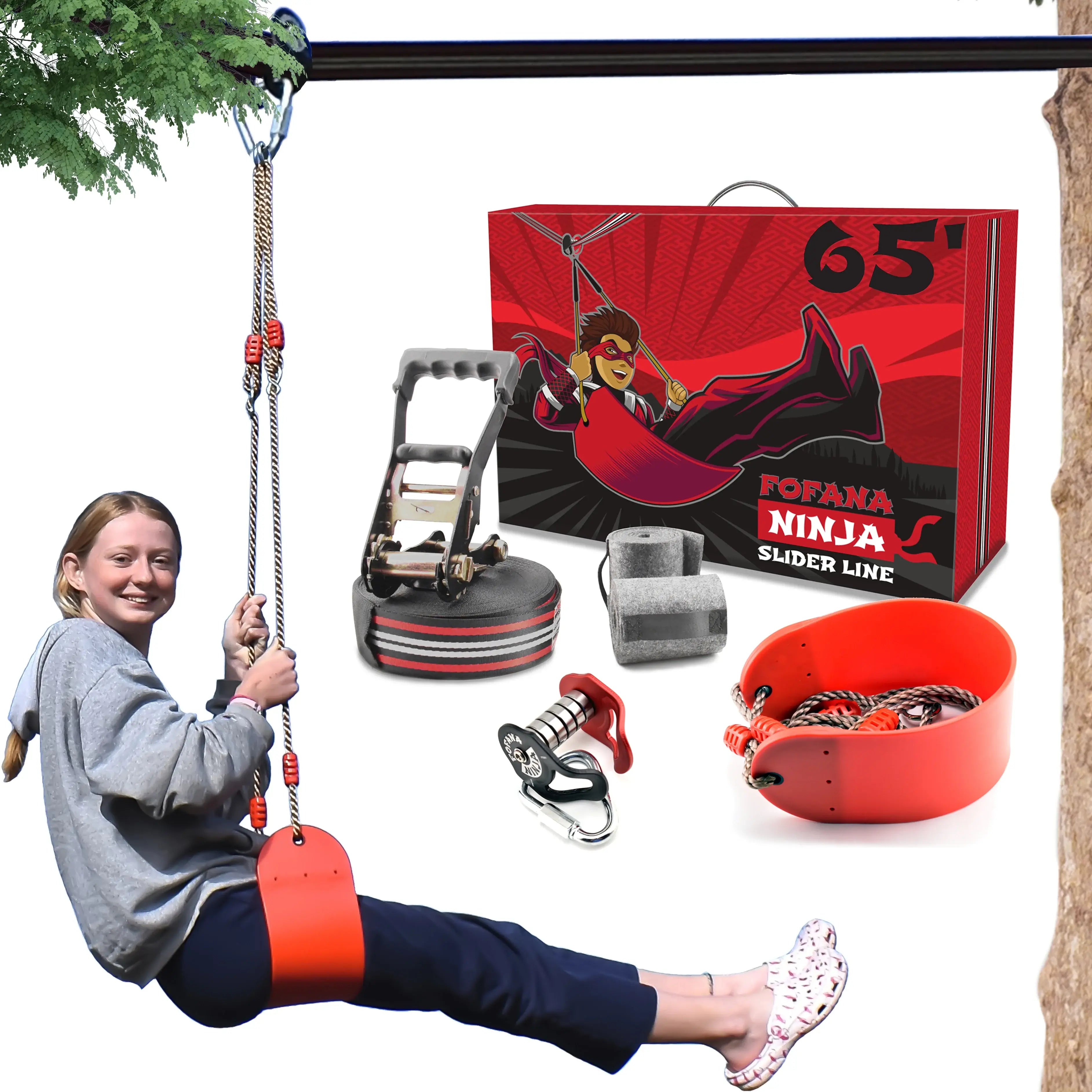 Girl using FOFANA Ninja Slackline obstacle course kit with accessories and packaging. | Kids Obstacle Course with Slider