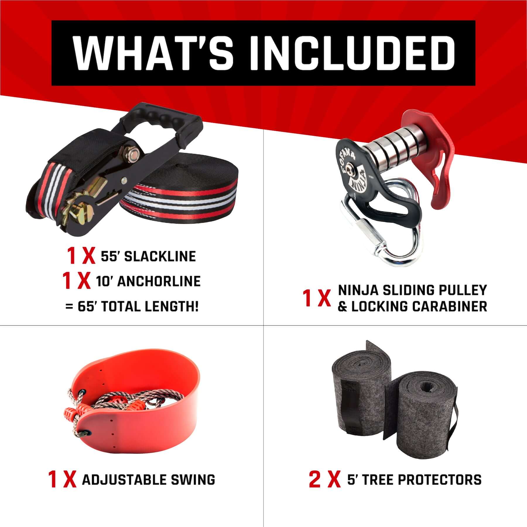 Image showing FOFANA Ninja Slackline obstacle course kit contents including slackline, pulley, swing, and tree protectors. | Ninja Warrior Slider Line