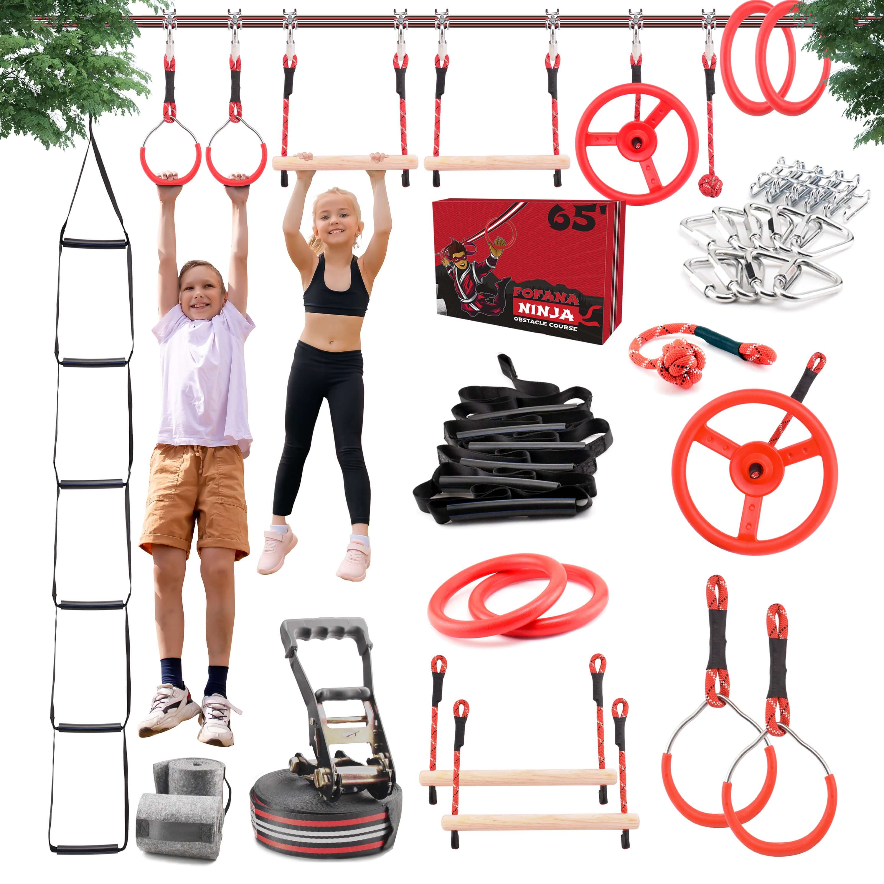 Fofana Ninja Warrior Slackline | 32 pieces ninja obstacle course | Backyard ninja obstacle set